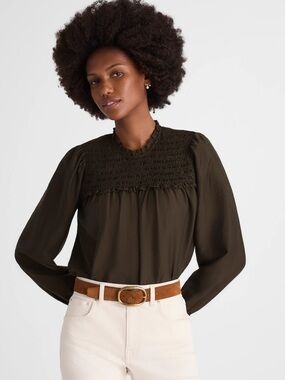 Madewell Smocked Army Green Blouse